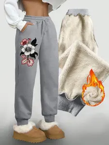 Women's Fashion Casual Long Pants, Ribbed Cuff Warm Pants, Floral Print, Fleece Lined, Adjustable Drawstring Waist, Fall & Winter Wear