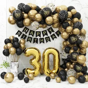 Black & Gold 30th Birthday Decor Set with Balloons, Banner & Party Supplies for Him & Her