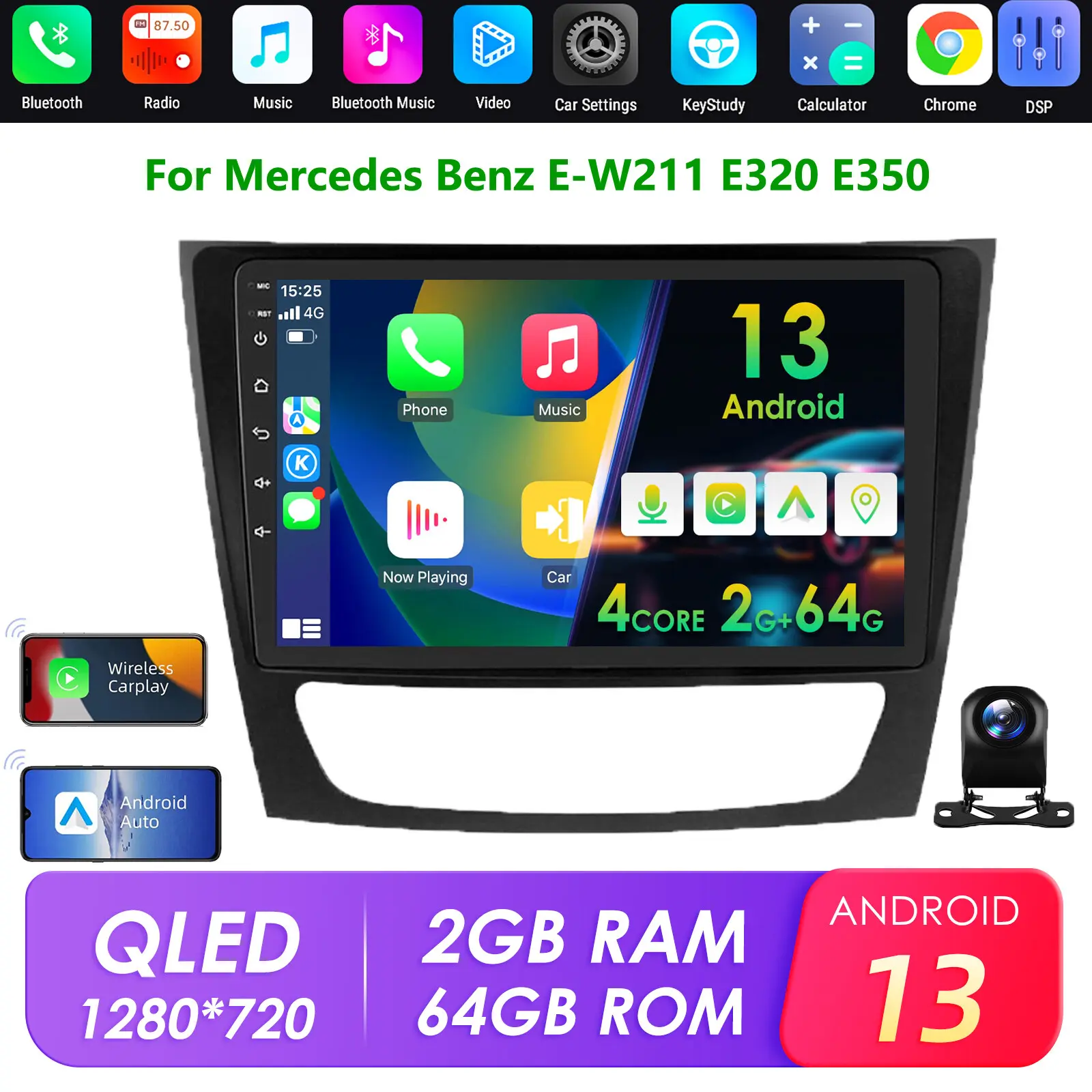 [Hizpo] 2 Din 9-Inch Touchscreen Android 13 Car Radio for Mercedes Benz E-Class W211/W219, Quad-Core CPU, 2GB DDR3 Flash, Plug-In Setup, CarPlay Compatible, RDS Support, Mirror Link Intelligent Stereo
