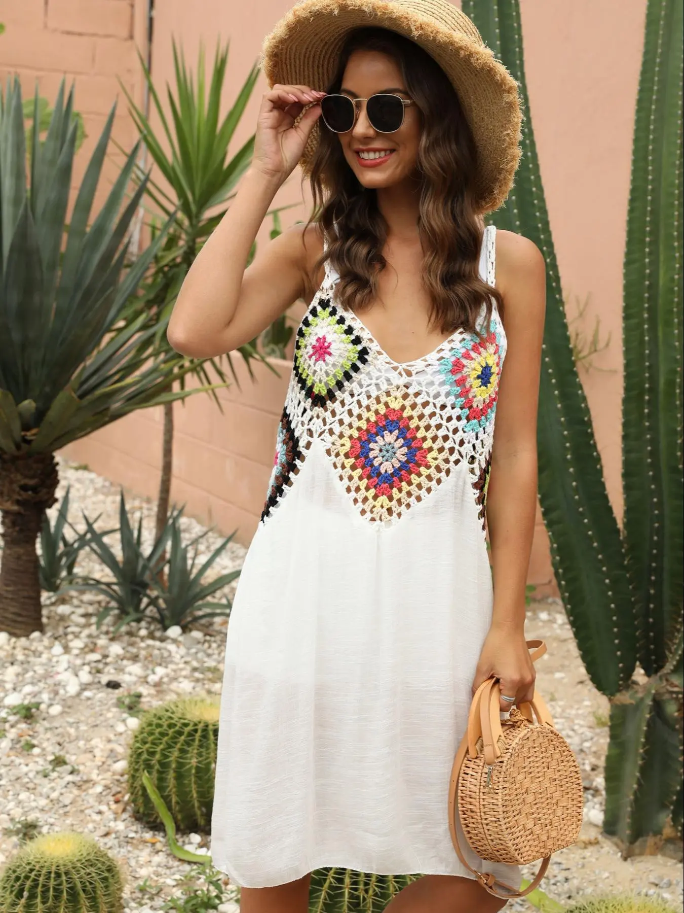 what to wear under a crochet dress Cashmere Crochet Dress with Slip Sand Pink – Rhoan main image 1