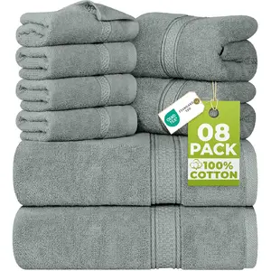 8 Piece Luxury Towel Set – Majestic Plush, Super Absorbent & Quicker-to-Dry, Thick 100% Ring Spun Cotton Towels for Bathroom, Spa & Hotel – 2 Bath, 2 Hand, 4 Washcloths, Cool Grey