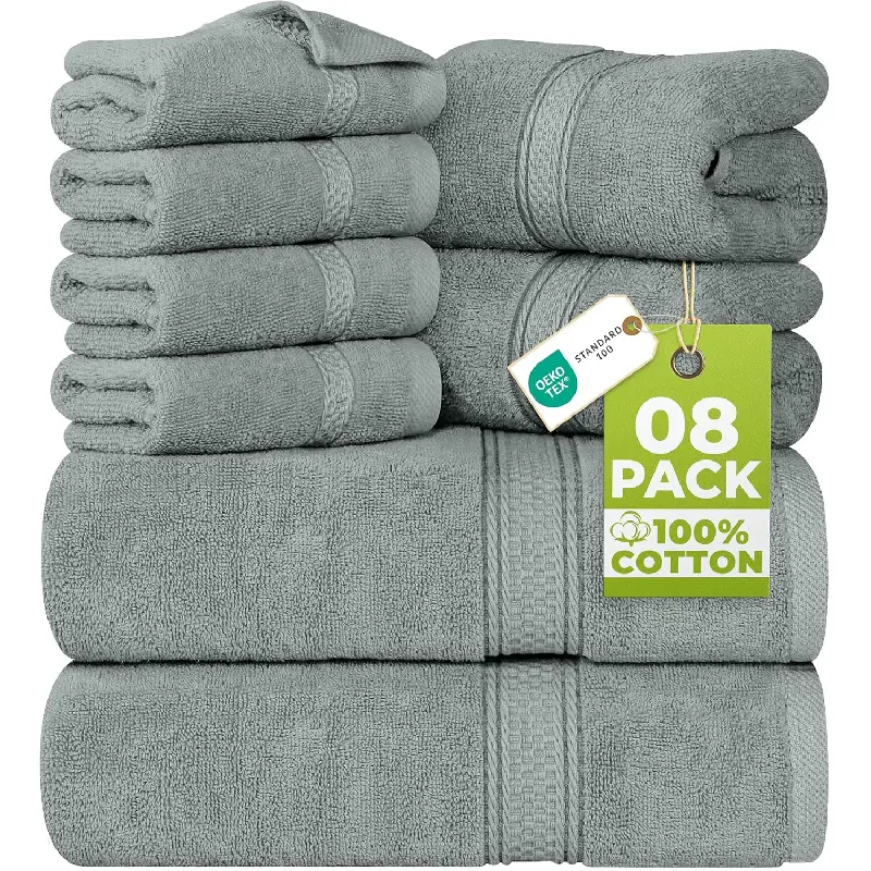 8-Piece Luxury Cotton Towel Pack – Majestic Plush, Super Absorbent, Quicker-to-Dry, Thick 100% Ring Spun Cotton Towels for Bathroom, Spa – 2 Bath, 2 Hand, 4 Washcloths, Cool Grey, Kitchen Compatible, Light