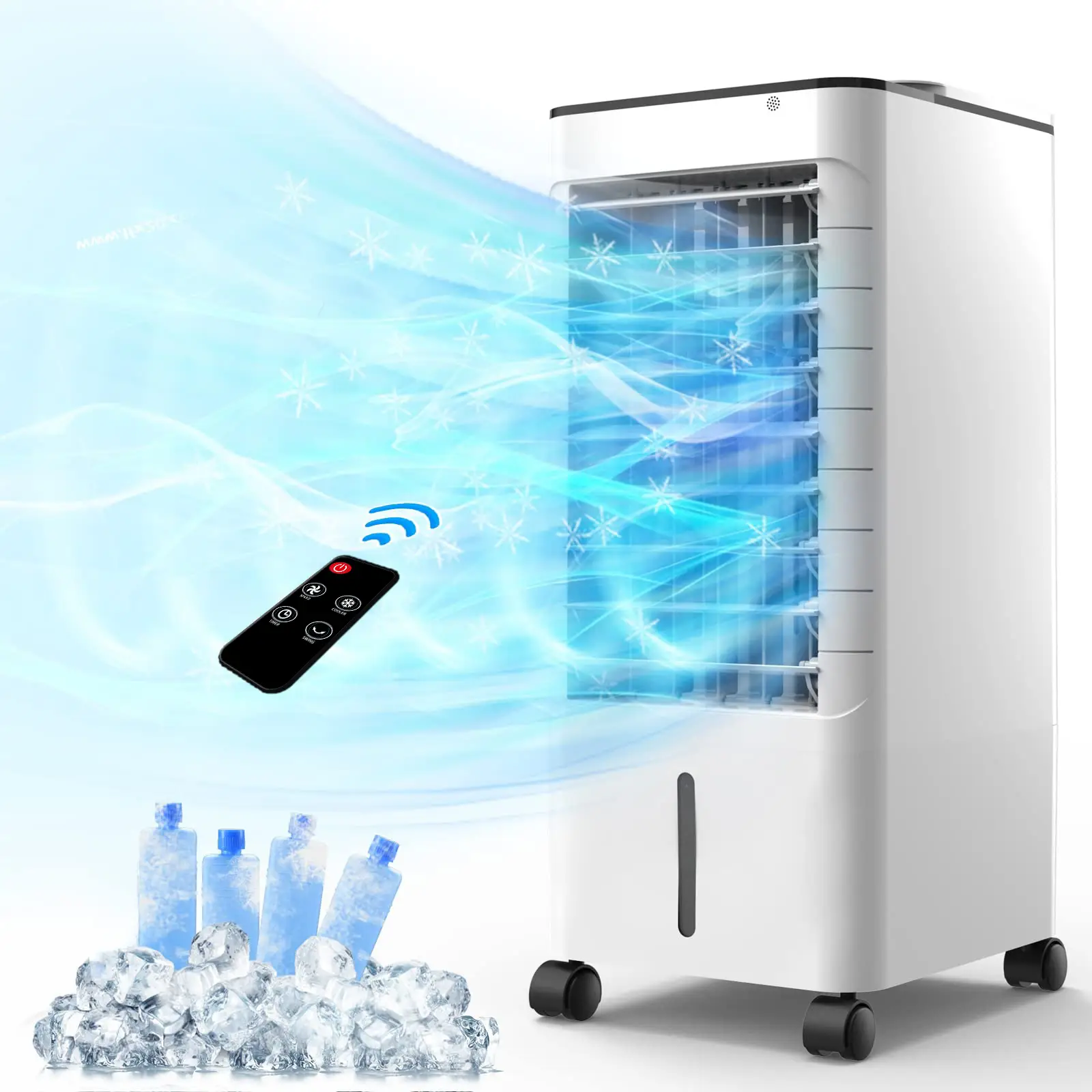 Portable Air Conditioners Fan, 3-IN-1 Evaporative Air Cooler Standing Fans with Remote, 3 Modes 3 Speeds &12H Timer, 1.16Gal Portable AC, 4 Ice Packs