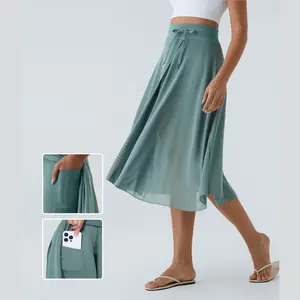 Halara High Waisted Drawstring Contrast Mesh 2-in-1 Side Pocket Flowy Midi Flare Casual Skirt