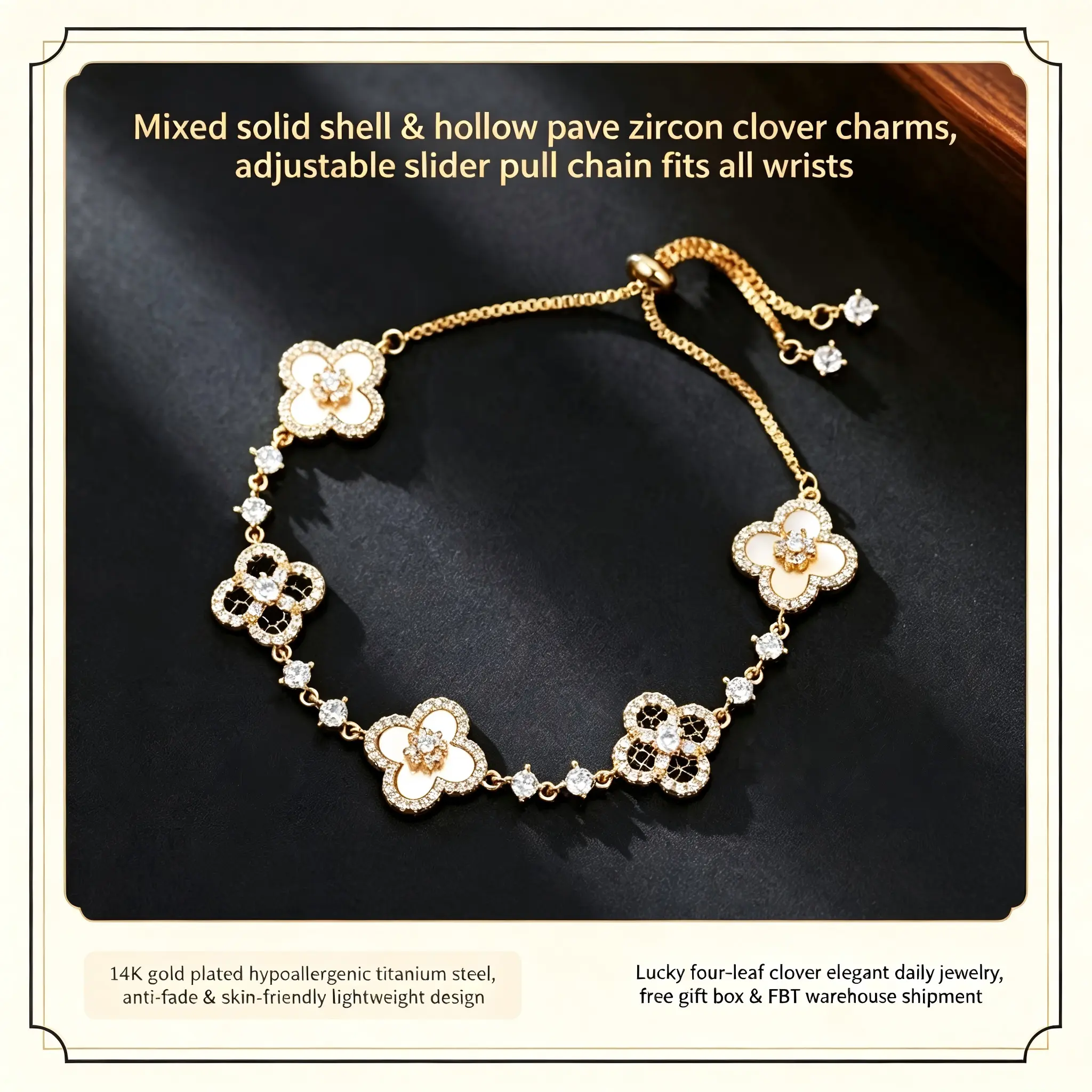 Chic 4-Leaf Clover Golden Tone Bracelet - Adjustable Shell-Embellished Fake Diamond Fashion Wrist Jewelry with Bracelet Design, Everyday Wear & Anniversary Gifting Accessory