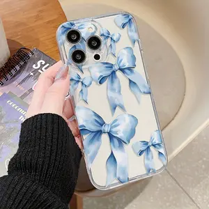 Transparent Blue Bow Design Phone Case, Shockproof Tpu Cover for iPhone 15/15 Plus/15 Pro/15 Pro Max/11-16/16 Pro Max