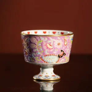 Lilac Enamel Floral Stemmed Ceramic Tea Cup, Gold Rim Footed Porcelain Master Cup Oriental Luxury Decor Gift