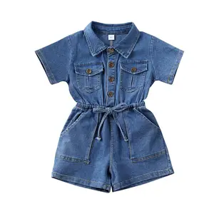Toddler Baby Boy Girl Summer Outfits Jean Romper Button Down Short Sleeve Shirt Pockets Romper and Elastic Waist Shorts Set Summer Clothes