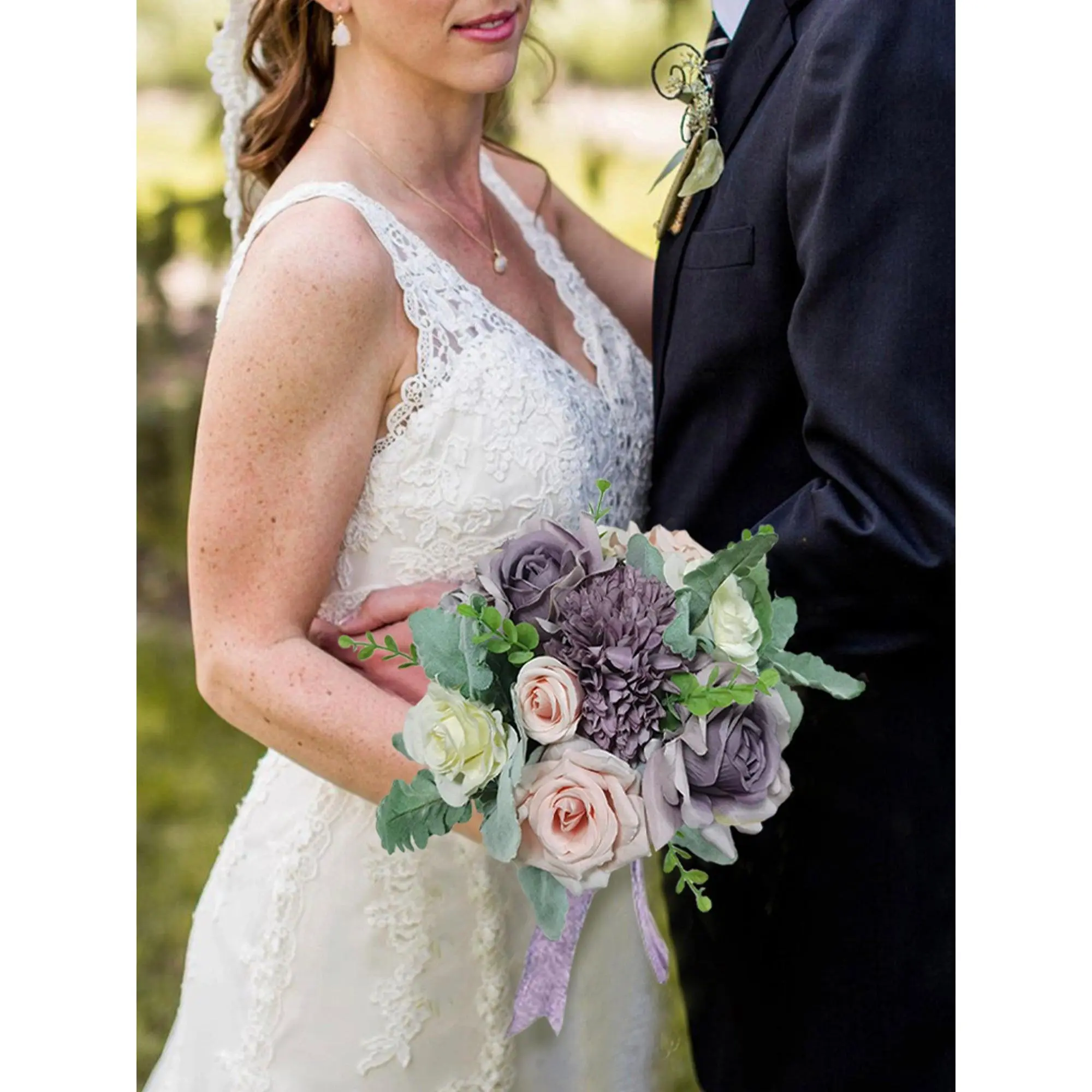 Rinlong High-Quality Ready-to-Use Round Silk Flower Bridal Bouquet, 11.3in H x 8.9in W Pastel Purple with Fluffy Leaves - Decorative Wedding Supply for Bridesmaids, Home/Festive Party Accessory