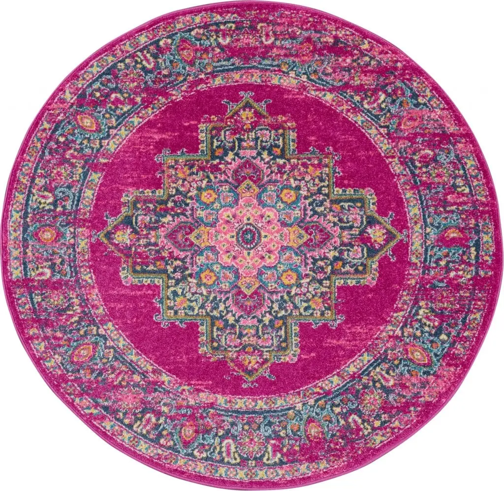 5 ft. Round Fuchsia & Blue Distressed Floral Print Area Rug - 360 Stand, Stain Resistant Home Decor Multicolor Household Textile Carpet, Floral Print Rug, Home Decor Rugs