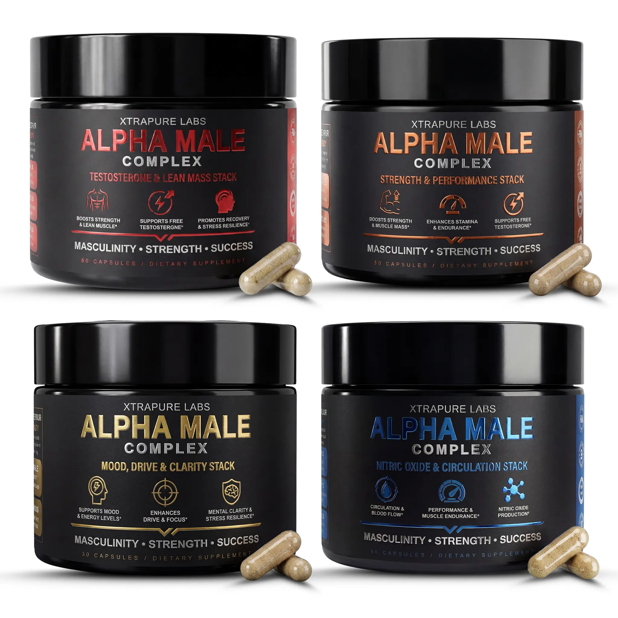 Alpha Male Complex 4-Stack Ultimate Bundle | Testosterone & Lean Mass + Strength & Performance + Mood, Drive & Clarity + Nitric Oxide & Circulation | Complete Daily Men’s Performance System