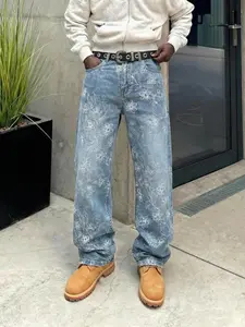 American High Street Vintage Vibes Full Print Embroidered Denim Jeans, Loose Fit Slimming Straight Leg Pants, Casual Style Stylish Streetwear Menswear All Seasons Trouser