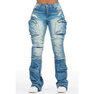 Toniesha Dirty Blue Wash Stacked Flare Jean