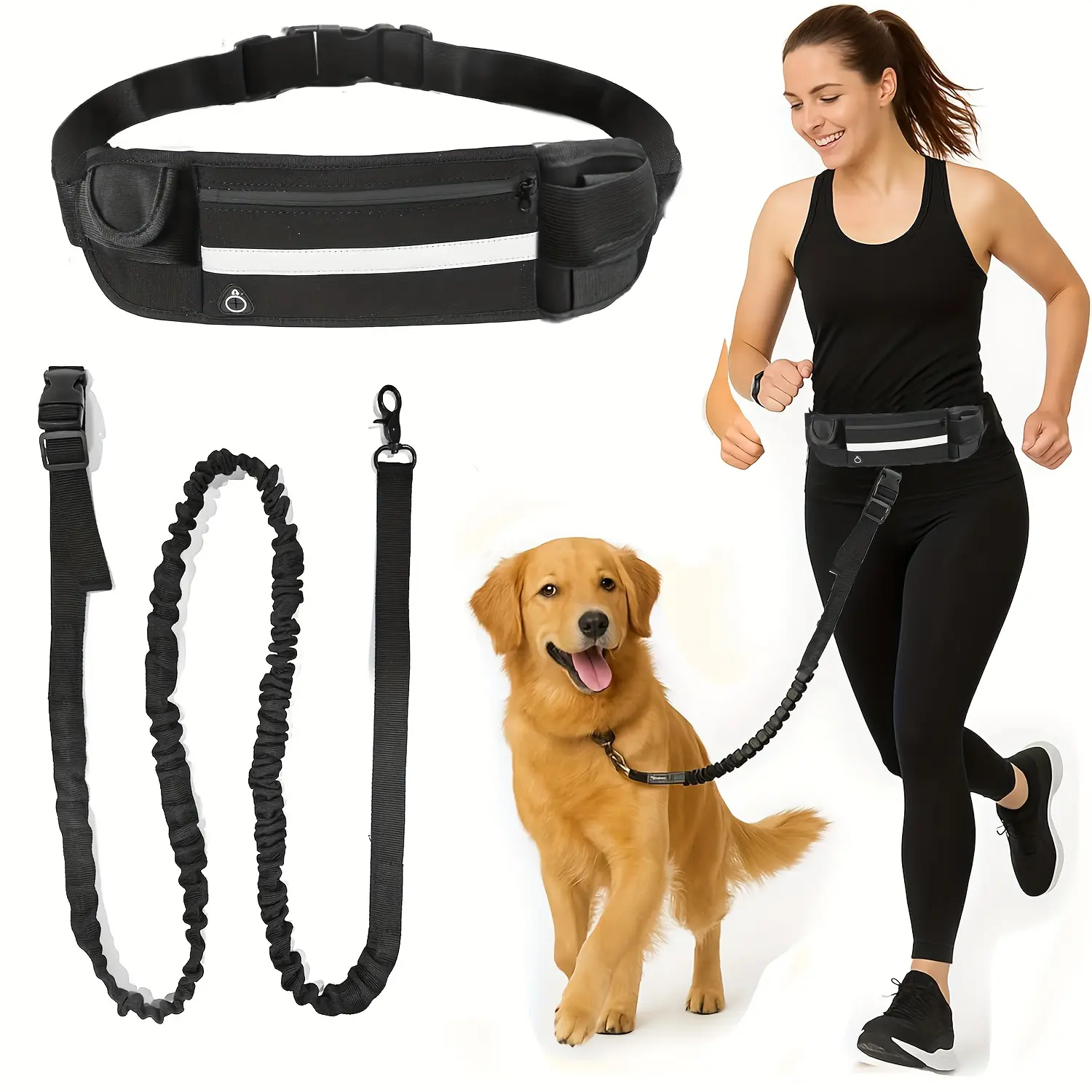 1Pcs hands-free dog leash with zipper waist bag, double-layer thick handle, Flexi Leash and durable elastic rope, suitable for walking, jogging and running training pet leash, Waist Belt Leash, Heavy Duty Leash