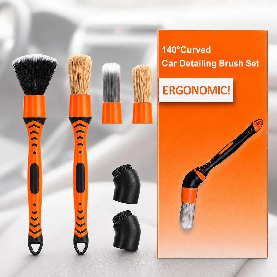Car detailing Brush Kit Set 6 Pce Angled Adapter, Boar Bristle, PBT & PET Auto Interior Cleaning Brushes for Air Vents, Dashboard, Seat Gaps, Wheels & Crevices Car detail cleaning kit