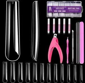 MORGLES Extra Long Tapered Square Nail Tips, 240 Pcs 3XL Full Cover Fake Tips Clear Nail Kit with Glue, Clipper, Files and Cuticle Fork for Acrylic Home DIY with Box
