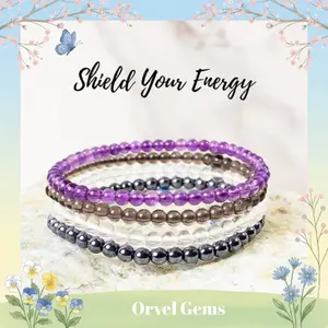 "Shield Your Energy" Protection Amulets Healing Gemstone Bracelet Stack | 4mm Hematite, Smoky Quartz, Amethyst, Clear Quartz Beads |  Perfect for Men, Women, Couples, and Friends | Ideal for Daily Wear, Meditation. X0