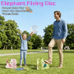 Pink Elephant Disc Launcher, 8 colored discs included, fits kids 3+. Tough ABS material, durable battery-free design. Perfect for backyard & park play, ideal Christmas New Year gift for outdoor fun.