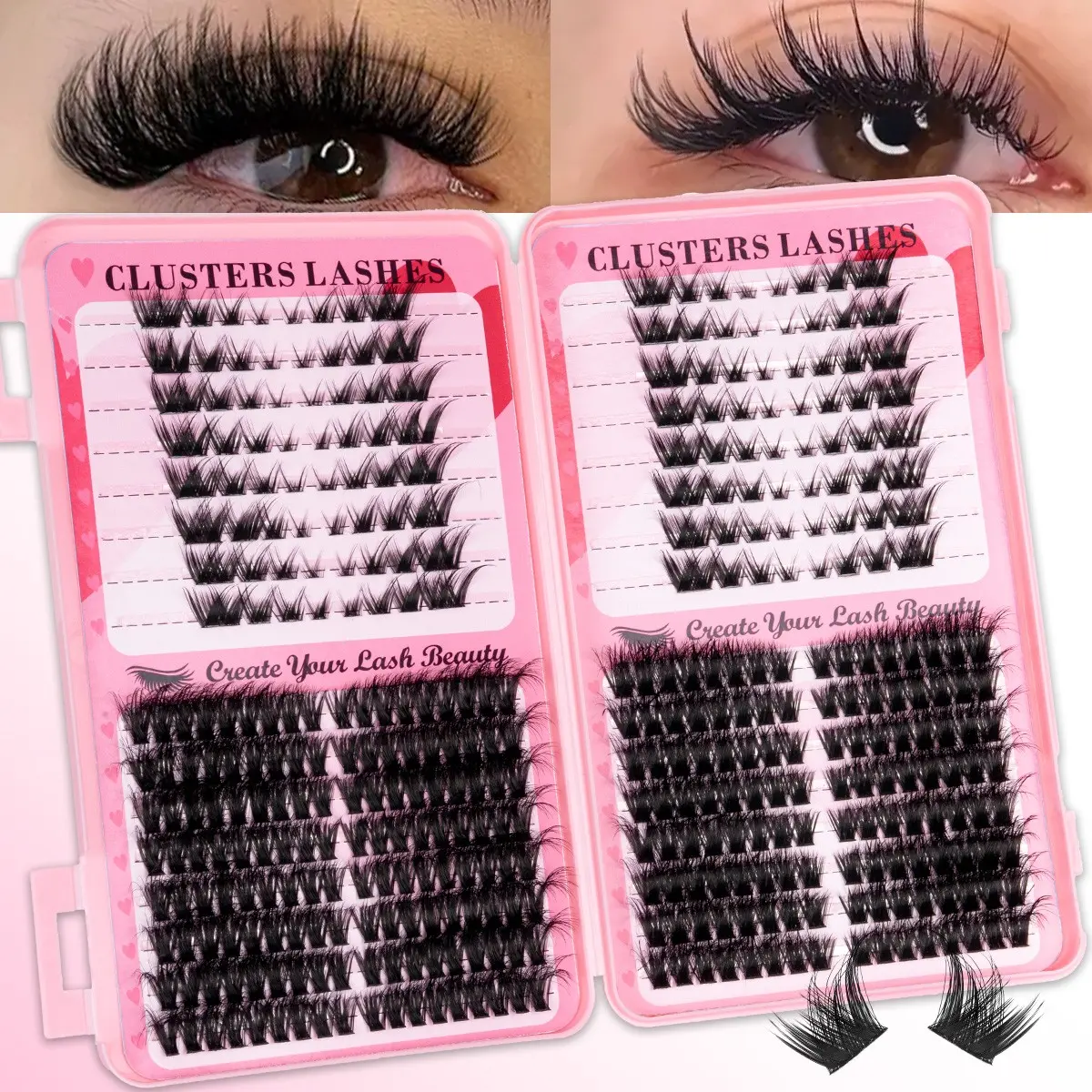 DIY Lash Clusters Book, 80D100D Left&Right Cat Eye,Wispy&Manga, False, Fluffy Eyelash Clusters, Makeup, Volume, Soft Lightweight Curled Eyelashes, Waterproof Long-Lasting, Thick Lash Extensions DIY at Home Easily
