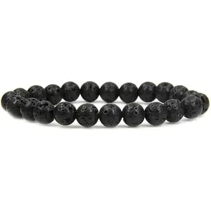 Angelstones Natural Black Lava Gemstone 8mm Round Beads Stretch Bracelet 7" Unisex