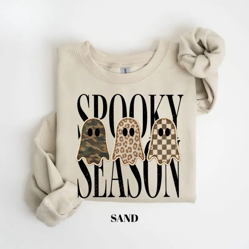 [PRINTED] Retro Patchwork Ghost Sweatshirt, Checkered Ghost Halloween Crewneck, Trendy Fall Graphic Pullover, Spooky Season Sweater, Cute Women's Halloween Gift