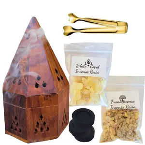 Resin Incense Burner Kit Starter Set, Natural Wood Incense Holder & Burner w/ Copal Resin & Frankincense Resin