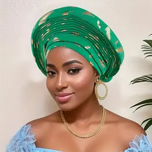 Feather Gold-Embossed Nigerian Wedding Heavy Work Multi-Layer African Head Wrap Hat in Vibrant Green for Traditional Occasions