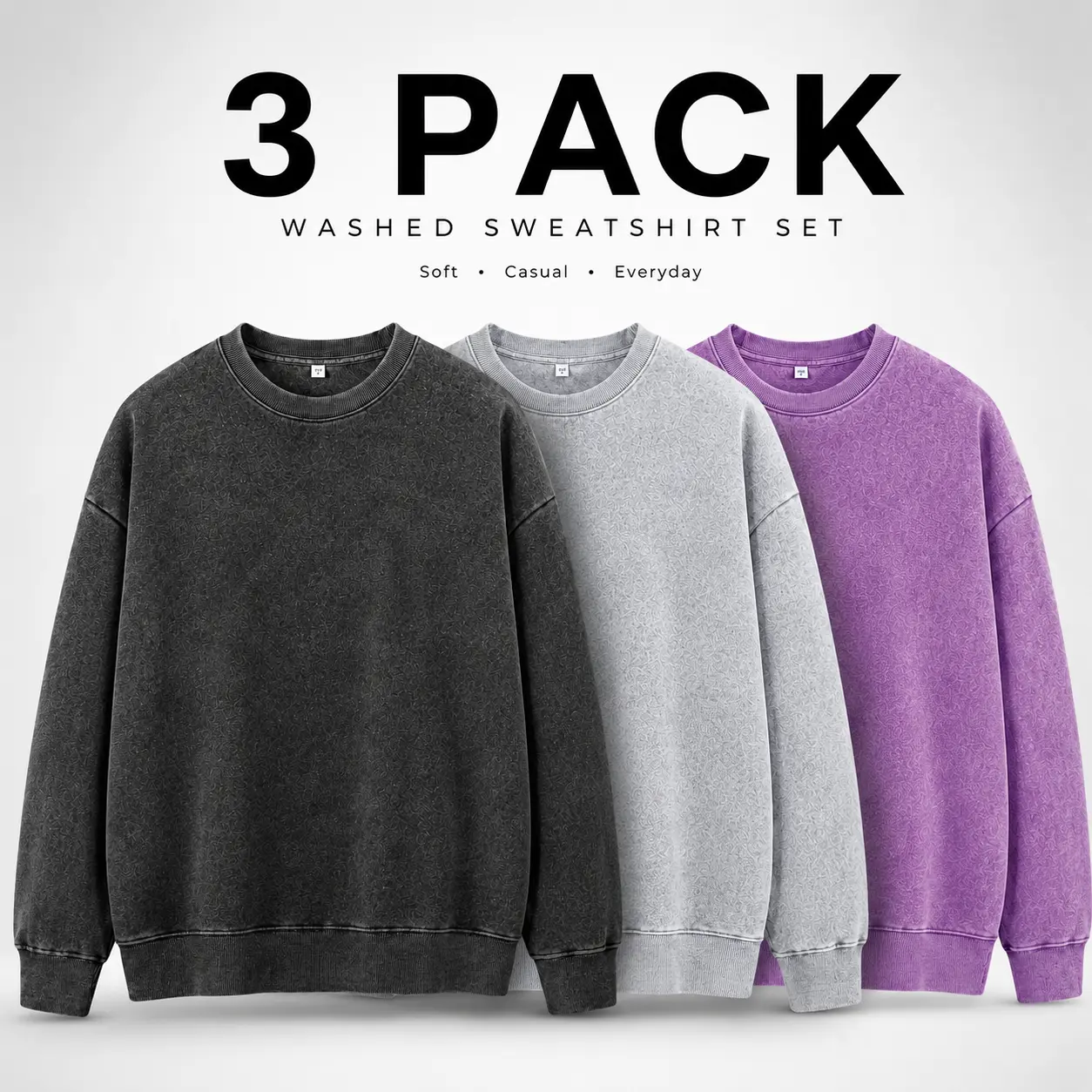 3 Pack Oversized Acid Wash Sweatshirts for Men Women, Vintage Washed Crewneck Pullover Set, Casual Streetwear Long Sleeve Sweatshirt, Loose Fit Daily Tops