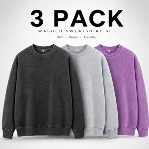 3 Pack Oversized Acid Wash Sweatshirts for Men Women, Vintage Washed Crewneck Pullover Set, Casual Streetwear Long Sleeve Sweatshirt, Loose Fit Daily Tops