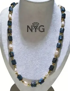 Moonlight Gold Beaded — Original designer handmade peacock semi-precious gemstone vintage gold pearl necklace, sparkling brilliance, light luxury elegance, long design, suitable for gifting