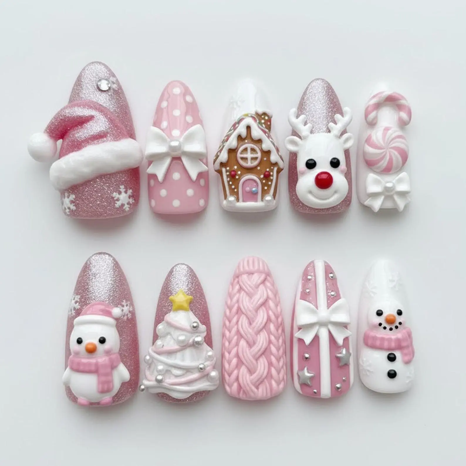 [New Model] 10 PCS Handmade Press on Nails, Handmade Pink Christmas Press On Nails, Snowman, Snowflakes, Candy Cane, Gift & Christmas Tree Art, Cute Winter Holiday Nails, Y2K 3D Gel Nails, Trending Nail 2026