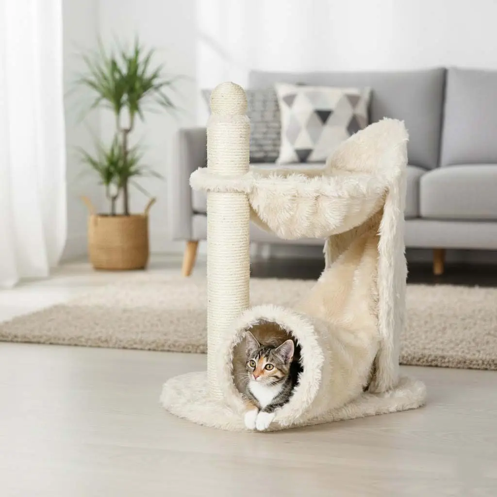 TRIXIE Baza Gandia Cat Tree – Cream Cat Tower with Tunnel & Hammock