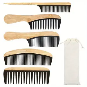 5-Piece Natural Bamboo Comb Set with Bag, Handmade Anti-Static Wide-Tooth Combs, Suitable for Travel and Home Use, Christmas Gift Option for Haircare, 5 Pcs+Bag