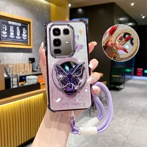 Note 50 Pro 4G Fashion Series Advanced Braided Tape Strap Lanyard Phone Holder Case For Compatible With Infinix Note 50 Pro 4G Transparent Glitter Shiny Cover and Elegant Lucky Butterfly Sunflower Protector Cases