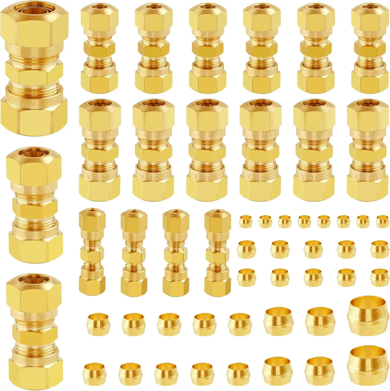 53 count DOT Brass Compression Air  Nylon Tubing Fittings,Straight Union Fitting Assortment Kit 1/4" 1/8" 3/8" 1/2" 5/8" for  or Industrial Air System