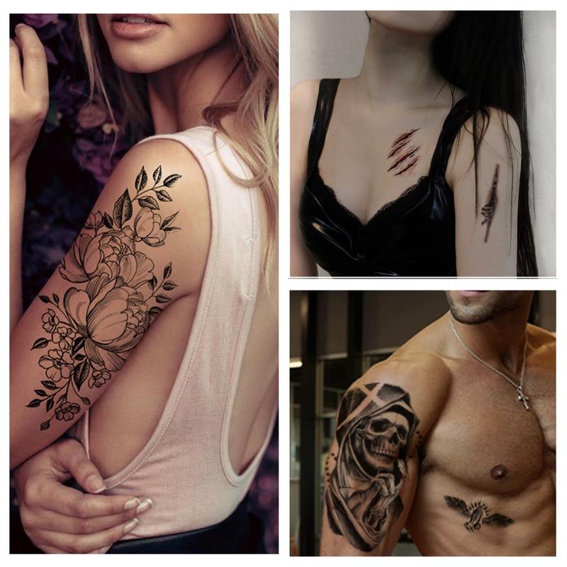 36 Sheets Temporary Tattoos Stickers - 12 Sheets Fake Body Arm Chest Shoulder Tattoos for Men Women with 24 Sheets Tiny Black Waterproof High Quality Show Personality Quick Easy to Apply