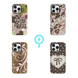 Retro Patchwork Print MagSafe Compatible Splicing Shockproof Phone 2-in-1 Hard PC + Soft Silicone Dual Layer Cover Elegant Retro Style Anti-Slip Anti-Yellowing Protective Case For iPhone