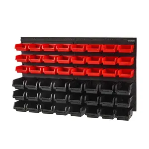 VEVOR Wall Mounted Storage Bins & Boxes, 48-Bin Expandable Parts Rack Organizer with Wall Panels, Plastic Garage Shop Tool Organizer for Nuts, Bolts, Small Parts, Black and Red