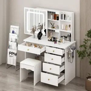 FUFU&GAGA Vanity Desk Set with Lighted Square Mirror & Build-in Power Strip LED Lighted Makeup Vanity Drawer Dressing Table with Hair Dryer Rack Shelves & Cushioned Stool White/Black Modern Organization
