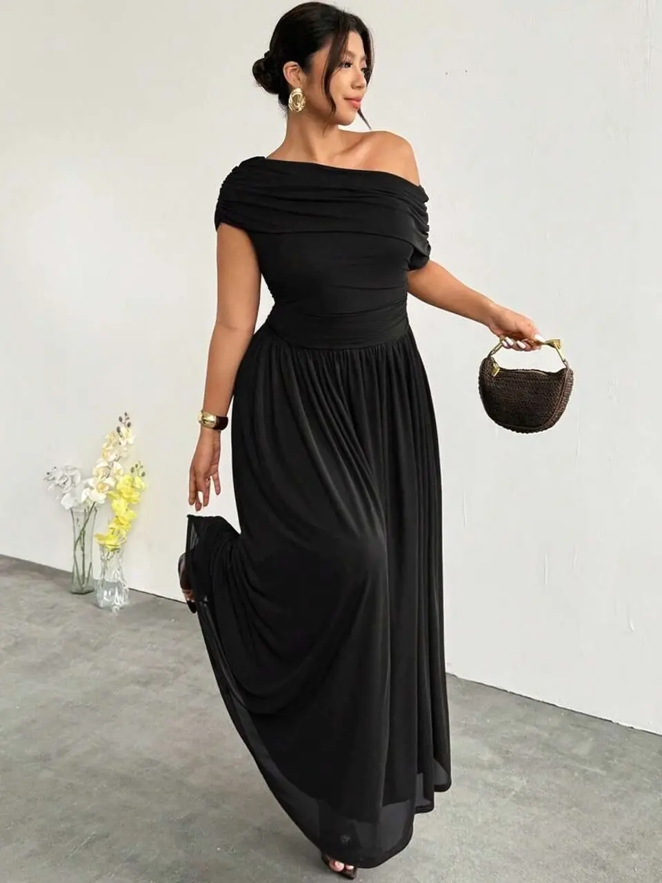 Plus Size Women's Elegant Formal Curve Solid Color Asymmetric Collar Dress Summer Brown Wedding Evening Formal Evening Guest Party Cocktail Graduation