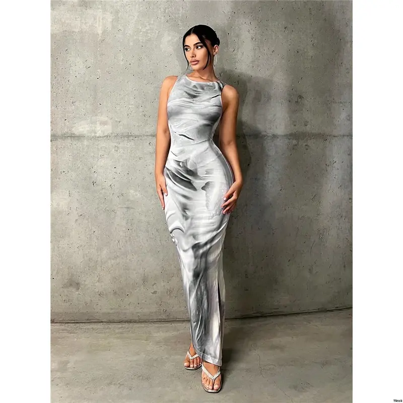 Beige marbel print dress - TikTok Shop