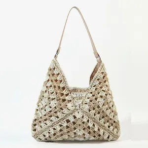 【HOMEGLOBE】New paper rope single-shoulder straw bag with hollow granny square pattern, large triangular color-blocking woven bag for women, suitable for seaside vacations and beach use