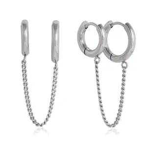 Connecting Chain Double Huggie Hoop Earrings - Pair - Stainless Steel