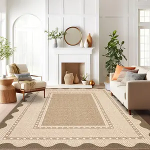Garvee Border Washable Area Rug 9x12 Living Room Rugs Modern Neutral Stain Resistant Rugs for Bedroom Nursery Non Slip Ultra-Soft Low Pile Carpet for Dining Room Farmhouse Office Floor Mat Tan