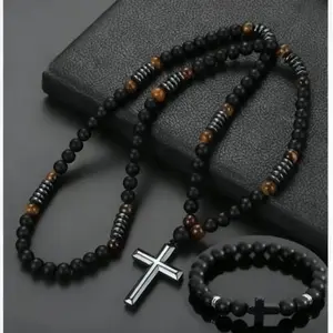 2pcs Natural Stone Yellow Tiger Eye Cross Pendant 70cmNecklace & 20cmBracelet Men's Cool Jewelry Gift Daily Wear Lava Stone Tiger-eye Beads Long Necklace with Hematite Cross Pendant for Men Rosary Jewelry