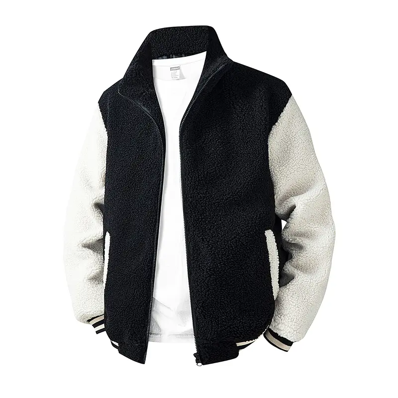 Men's Colorblock Long Sleeve Fleece Jacket - Stand Collar, Zipper Closure, Fitted Cut, Warm Casual Menswear Coat (Black & White, Beige), Stylish, Fashionable, Warmth, Tops, All Seasons, Polyester