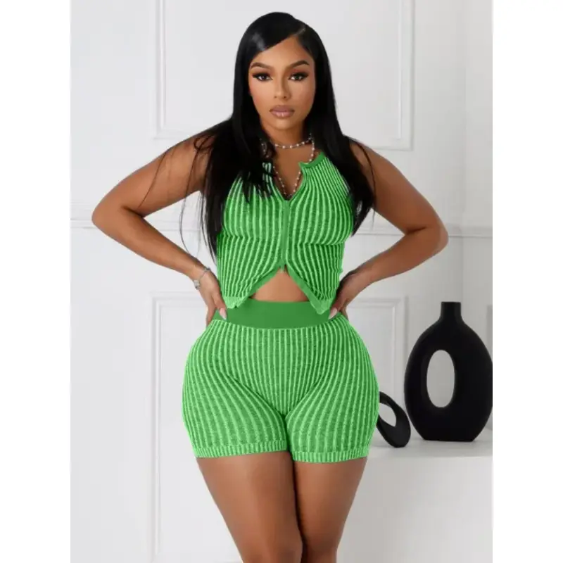 summer autumn clothes Knitted Striped 2 Piece Sets Women Hipster Zip Crop Tank Top and Shorts Matching 2025 new Tracksuits Holiday Beachwear Womenswear Check Light Gamis Pink_Black Sleeveless