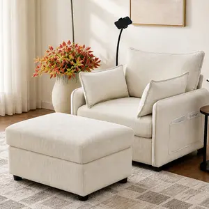 ARCH 55" Oversized Corduroy Chaise Lounge Chair - Indoor Furniture Couch with Ottoman, Storage, Pillows, USB Ports, Phone Holder, 360° Adjustable Deep Seat for Living Room/Bedroom, Beige/Gray Options