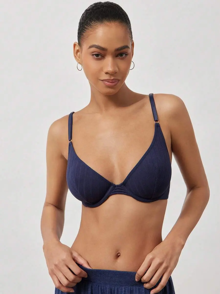 Women's Navy Blue Thin Underwire Bra, No Padding Minimalist Everyday Bra, Lightweight Structured Innerwear For Daily Wear