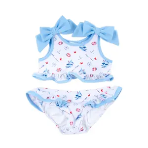 Nautical Two Piece Swimsuit - Girls Blue & White Sailboat Print Swimwear